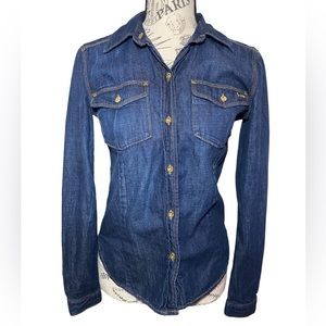 Juicy Couture Womens Sz XS Denim Shirt chambray long sleeve dark blue jean top